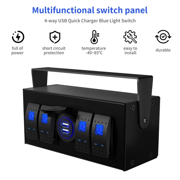 4 Gang Rocker billenőkapcsoló doboz 4 irányú USB gyorstöltő kék fény kapcsoló Kettős USB 4.8A 12/24V univerzális többfunkciós szerelődoboz lakókocsi kamion utánfutó jachthoz