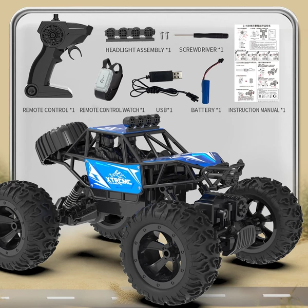 2,4 GHz-es 4WD terepfém ötvözetű mászóautó kettős vezérlési mód távirányítóval, karórával - Kék, 3 akkumulátor
