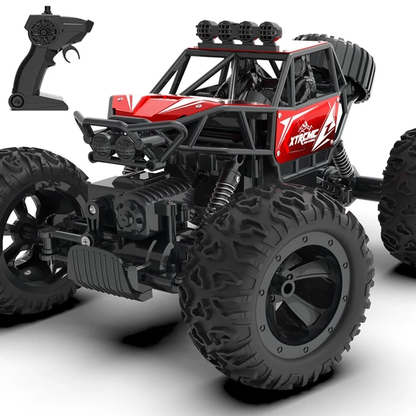 2,4 GHz-es 4WD terepfém ötvözetű mászóautó kettős vezérlési mód távirányítóval, karórával - Piros, 2 akkumulátor