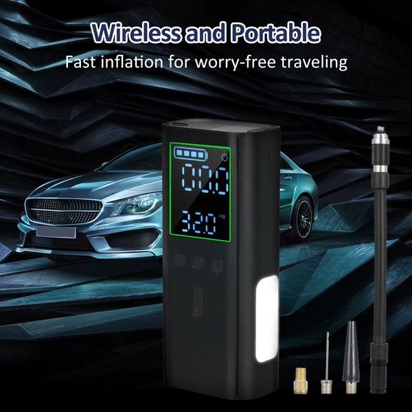 Hordozható légkompresszor vezeték nélküli USB autó motorkerékpár golyós gumiabroncshoz, felfújható automatikus kikapcsolás digitális nyomásmérő LED-lámpával