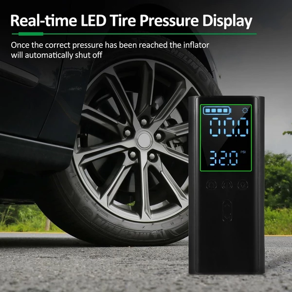 Hordozható légkompresszor vezeték nélküli USB autó motorkerékpár golyós gumiabroncshoz, felfújható automatikus kikapcsolás digitális nyomásmérő LED-lámpával