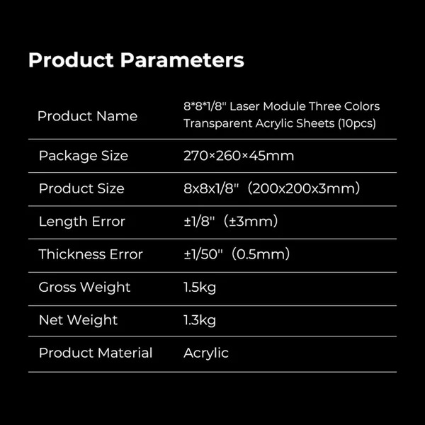 Creality 8x8x1/8 hüvelykes háromszínű átlátszó akril lapok (10db)
