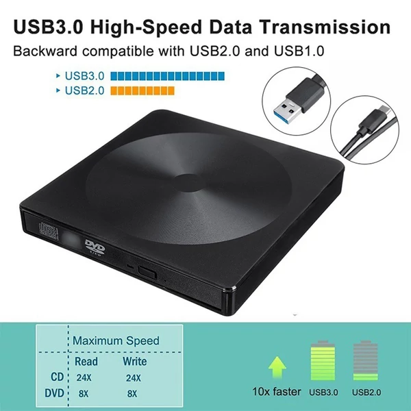 Hordozható, többfunkciós külső DVD-meghajtó USB 3.0 Type-C, nagy sebességű adatátvitel, könnyű kialakítás, hatékony olvasási és írási sebesség