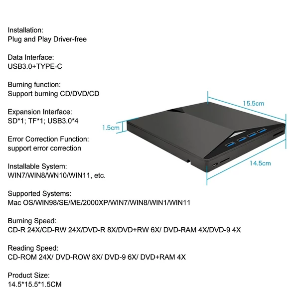 Hordozható külső CD/DVD-meghajtó laptophoz USB 3.0 Type-C 7 az 1-ben többfunkciós kialakítás