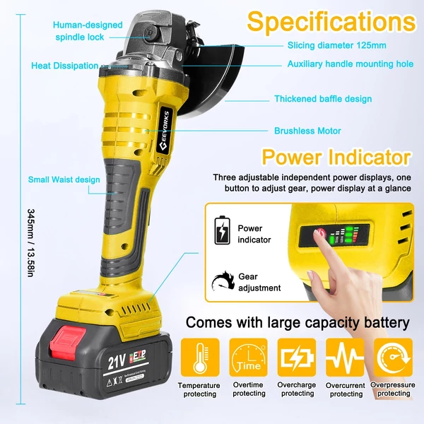 21V 125mm M14 elektromos csiszolószerszám Többfunkciós lítium vágógép vágáshoz, polírozáshoz, kerámia, csempe, fa, kő, acél - 2 akkumulátor