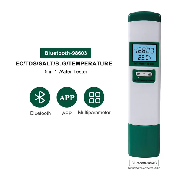 5 az 1-ben vízminőség-mérő EC/TDS/SALT/S.G/TEMP LCD háttérvilágítású kijelzővel Nagy pontosságú vízvizsgáló készlet ivóvízhez, tápanyagokhoz, termesztéshez, beltéri kerthez, medencéhez, akváriumhoz