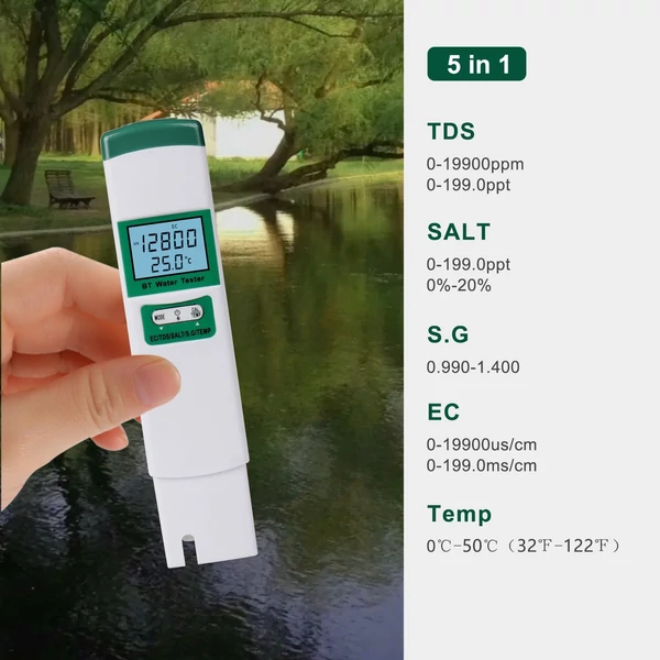 5 az 1-ben vízminőség-mérő EC/TDS/SALT/S.G/TEMP LCD háttérvilágítású kijelzővel Nagy pontosságú vízvizsgáló készlet ivóvízhez, tápanyagokhoz, termesztéshez, beltéri kerthez, medencéhez, akváriumhoz