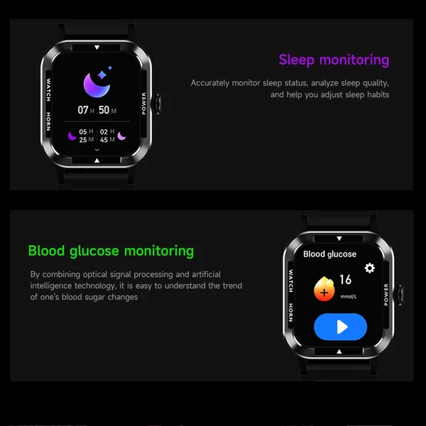 1,91 hüvelykes, nagy tisztaságú kijelző Átfogó egészségfigyelő Többfunkciós Sport mód Vízálló IP67 Smartwatch Vérnyomásmérő Glukóz monitor - Fekete, szilikon