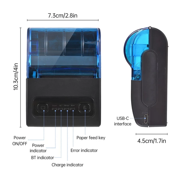 Bisofice hordozható mini hőnyomtató 2 hüvelykes vezeték nélküli USB nyugta jegynyomtató 57 mm-es papírtekerccsel - Fehér