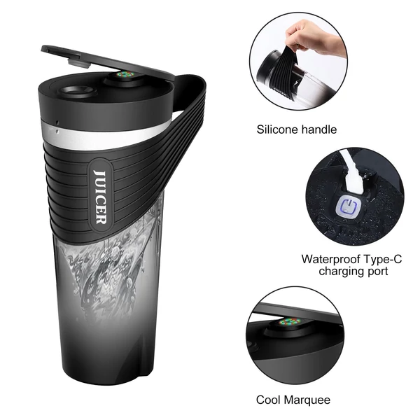 Hordozható turmixgép shake-ekhez és turmixokhoz, 4000 mAh Type-C, újratölthető 460 ml, 6 éles pengével, 22 000 fordulat/perces gyümölcscentrifuga csészével - Fekete