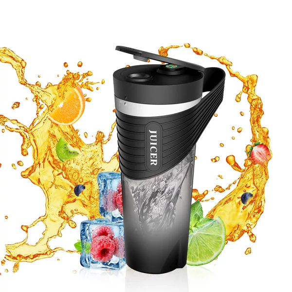 Hordozható turmixgép shake-ekhez és turmixokhoz, 4000 mAh Type-C, újratölthető 460 ml, 6 éles pengével, 22 000 fordulat/perces gyümölcscentrifuga csészével - Fekete