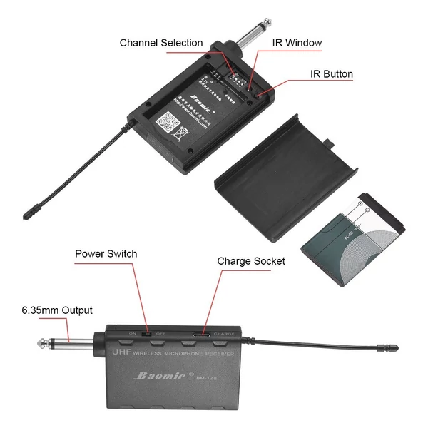 Baomic BM-12/V2 Professzionális UHF vezeték nélküli hangszermikrofon rendszer vevő és adó