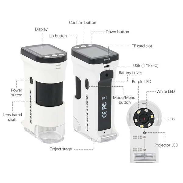 Kézi digitális USB mikroszkóp 12M felbontású 1080P FHD támogatás 64GB TF kártya 2,0 hüvelykes LCD képernyővel növények, rovarok, kövek megfigyeléséhez