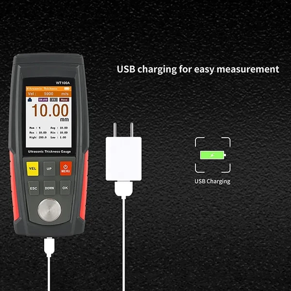 Ultrahangos vastagságmérő mérési tartomány 1,00-225,0 mm színes képernyő fényerő-választással USB-töltés adattárolás Automatikus kikapcsolás adatelemzés fém/műanyag/kerámia/üveg interfészhez