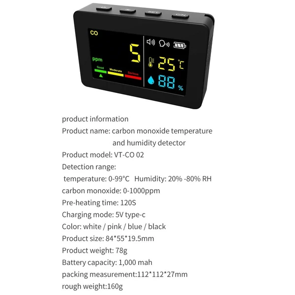 Hordozható levegőminőség-mérő 3 az 1-ben CO hőmérséklet- és páratartalom-mérő színes képernyővel - Fekete