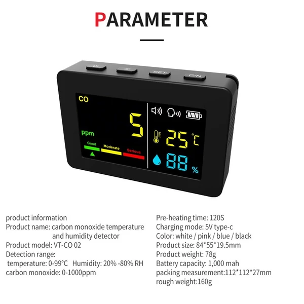 Hordozható levegőminőség-mérő 3 az 1-ben CO hőmérséklet- és páratartalom-mérő színes képernyővel - Fekete