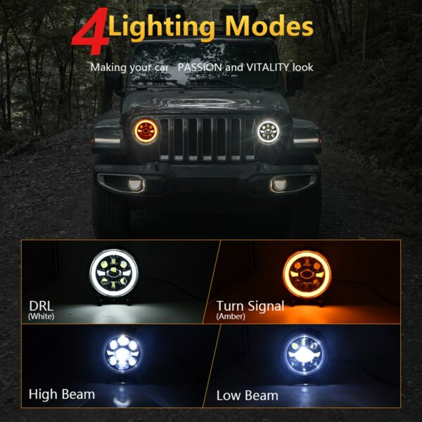 7 hüvelykes LED-es fényszóró kerek fényszóró Hi/Lo Beam DRL-vel és borostyánsárga irányjelzővel autókhoz, motorkerékpárokhoz - 1 db
