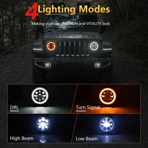 7 hüvelykes LED-es fényszóró kerek fényszóró Hi/Lo Beam DRL-vel és borostyánsárga irányjelzővel autókhoz, motorkerékpárokhoz - 2 db