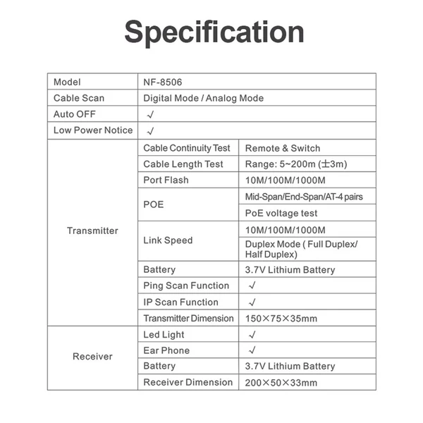 NOYAFA NF-8506 LCD digitális hálózati kábeltesztelő, újratölthető hálózati vonalkereső, többfunkciós vezetékkövető
