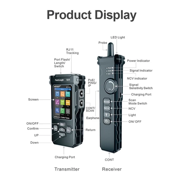 NOYAFA NF-8506 LCD digitális hálózati kábeltesztelő, újratölthető hálózati vonalkereső, többfunkciós vezetékkövető