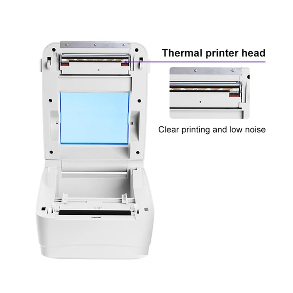 Asztali szállítási címkenyomtató Közvetlen hőnyomtatás BT+USB-csatlakozás 1D/2D vonalkód támogatás 230 mm-es papírszélesség belső papírtálcával - Fehér
