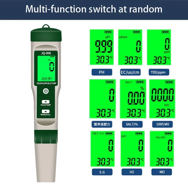 Hordozható, többfunkciós digitális 10 az 1-ben vízminőség-tesztelő nagy pontosságú toll PH/TDS/EC/Sótartalom/ORP/H2/S.G/Hőmérséklet/tápanyag-oldat koncentráció/㏁ Mérés (háttérvilágítással)