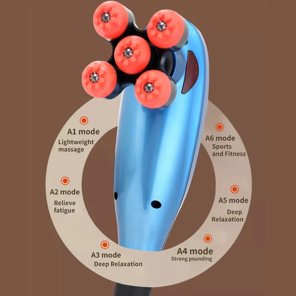 Kézi elektromos többfunkciós test, meridián, izomlazító masszírozó USB töltés 6 sebesség 5 vibrációs mód 6 masszázsfej - Kék