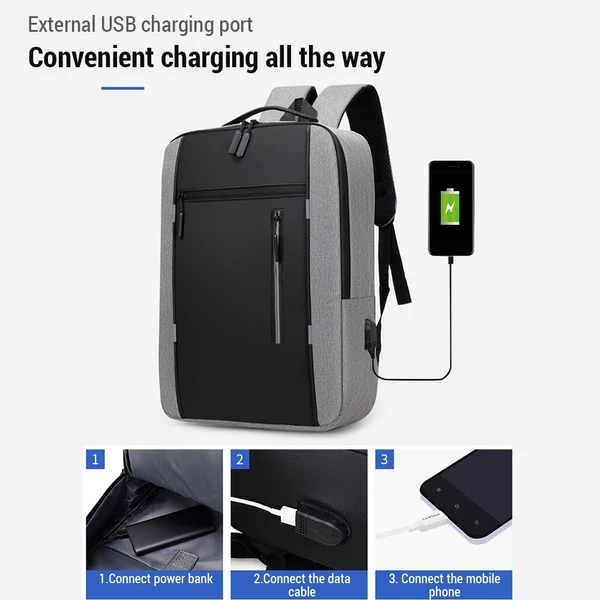 USB töltőportos kemping, utazási, üzleti hátizsák, 3db/szett - Fekete