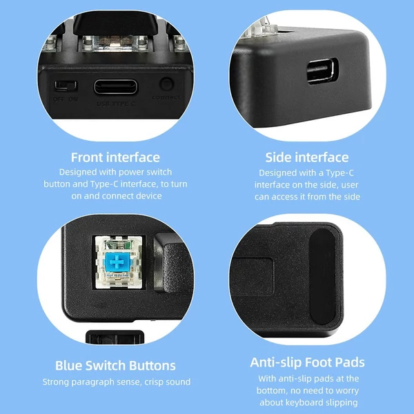 MK321BT 3 gombos mini, testreszabott billentyűzet mechanikus kék gombokkal USB+BT kettős módú csatlakozással - Fekete