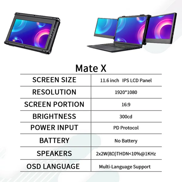 GTMEDIA Mate X 11,6 hüvelykes hordozható, kétképernyős monitor Full HD IPS 1080P képernyő Plug and Play laptophoz