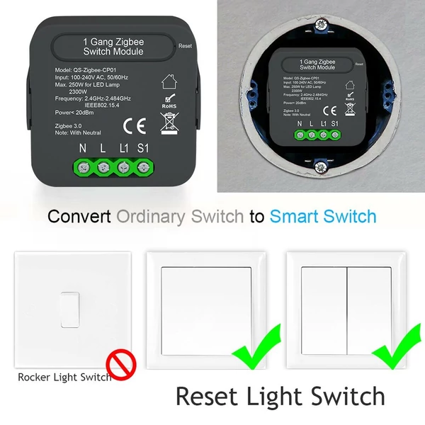 QS-Zigbee-CP01 Tuya ZigBee intelligens kapcsolókonvertáló modul, kompatibilis az Alexa Google Home hangvezérléssel (átjáróval használva)