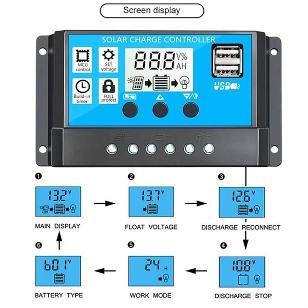 Napelemes energiatermelő rendszer 25 W napelem + 6000 W inverter DC 12 V-tól AC 220 V-ig intelligens LCD kijelzővel, kettős USB töltőporttal + 30 A napelemes töltésvezérlő