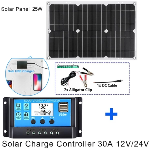 Napelemes energiatermelő rendszer 25 W napelem + 6000 W inverter DC 12 V-tól AC 220 V-ig intelligens LCD kijelzővel, kettős USB töltőporttal + 30 A napelemes töltésvezérlő
