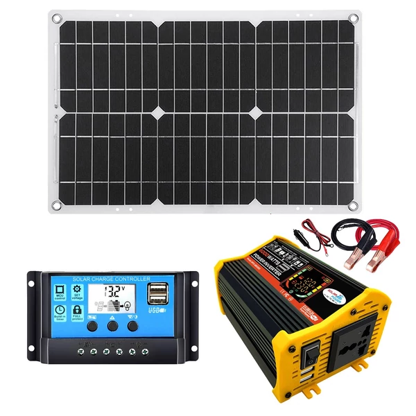 Napelemes energiatermelő rendszer 25 W napelem + 6000 W inverter DC 12 V-tól AC 220 V-ig intelligens LCD kijelzővel, kettős USB töltőporttal + 30 A napelemes töltésvezérlő