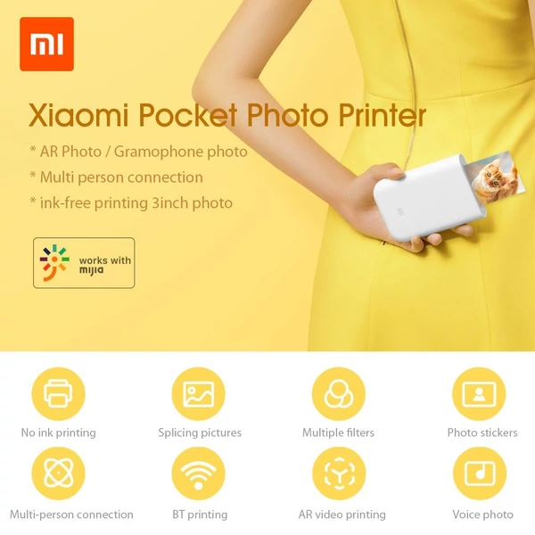 Xiaomi Pocket Photo Printer Zink hordozható fotó AR nyomtató 400dpi megosztással, 500mAh