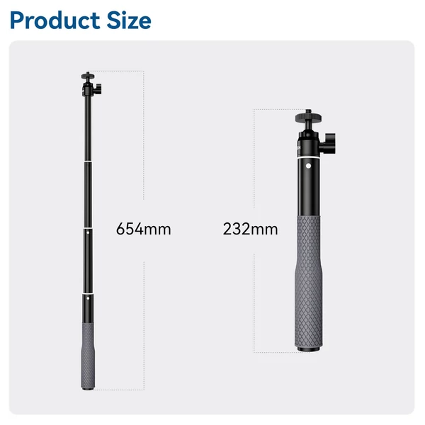 TELESIN WSS-001 25,7 hüvelykes Selfie Stick rozsdaálló, 360°-ban forgatható alumíniumötvözet 3 részből álló 1/4 hüvelykes csavar 3 pofás adapterrel, kompatibilis az Insta 360 DJI GoPro 11/10/9/8/7/6/54 /3