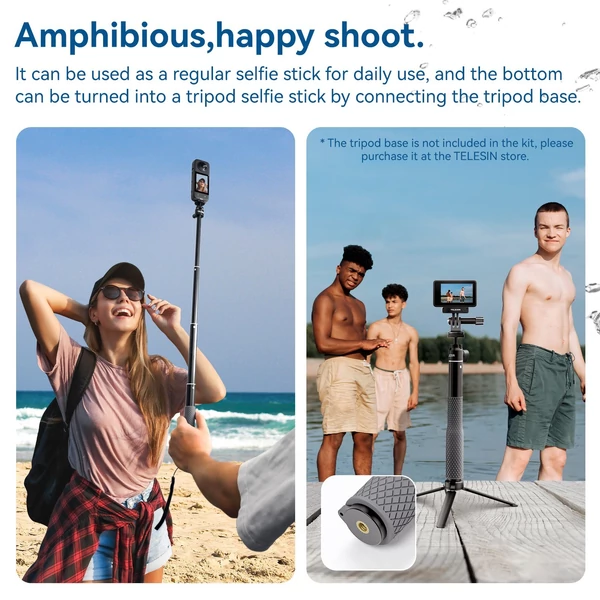 TELESIN WSS-001 25,7 hüvelykes Selfie Stick rozsdaálló, 360°-ban forgatható alumíniumötvözet 3 részből álló 1/4 hüvelykes csavar 3 pofás adapterrel, kompatibilis az Insta 360 DJI GoPro 11/10/9/8/7/6/54 /3