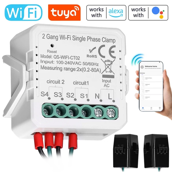 Tuya WiFi 80A egyfázisú bilincs napelemes PV kétirányú energiamérő APP vezérlő áramtranszformátor ütemezés időzítő otthoni automatizálási eszköz - 2 Gang