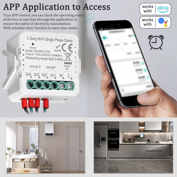 Tuya WiFi 80A egyfázisú bilincs napelemes PV kétirányú energiamérő APP vezérlő áramtranszformátor ütemezés időzítő otthoni automatizálási eszköz - 2 Gang