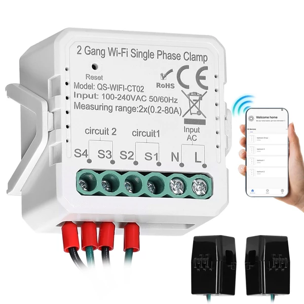 Tuya WiFi 80A egyfázisú bilincs napelemes PV kétirányú energiamérő APP vezérlő áramtranszformátor ütemezés időzítő otthoni automatizálási eszköz - 2 Gang