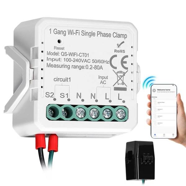 Tuya WiFi 80A egyfázisú bilincs napelemes PV kétirányú energiamérő APP vezérlő áramtranszformátor ütemezés időzítő otthoni automatizálási eszköz - 1 Gang
