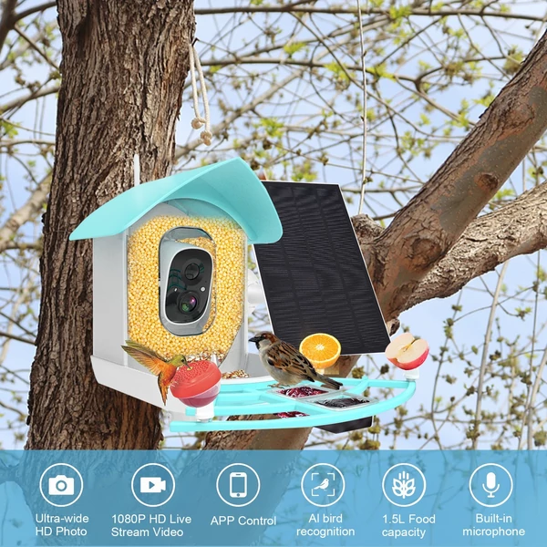 Napenergiával működő intelligens madáretető 1080p HD kamerával AI felismerő madárfajok 2.4G WiFi vezeték nélküli vízálló - Kék