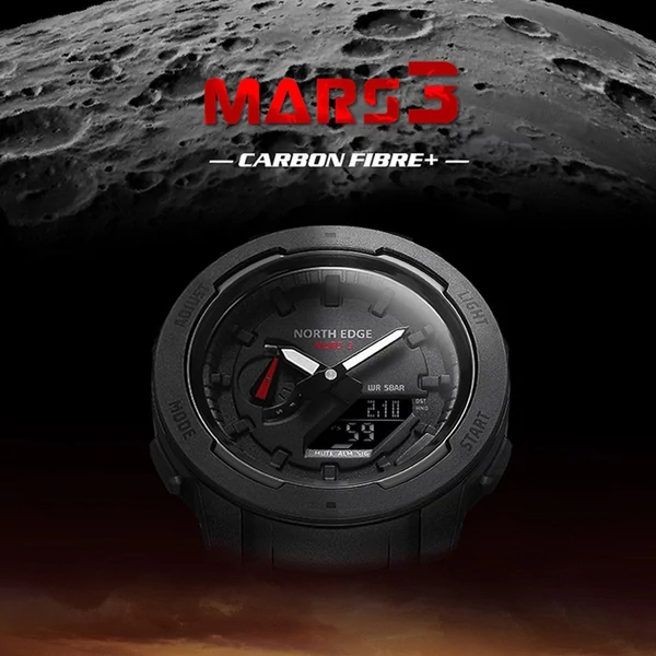 NORTH EDGE Mars 3 férfi katonai LED karóra digitális szénszálas tok, 50M vízálló, világidő
