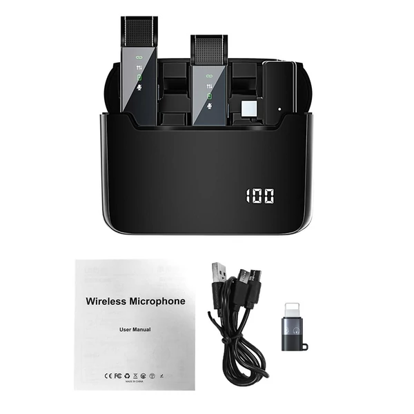 S16 Mini Vezeték nélküli Lavalier mikrofon 2db mobiltelefonhoz 360°-os, többirányú hajtókamikrofon, kijelző zajcsökkentéssel