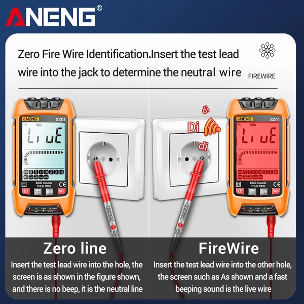 ANENG SZ01 intelligens digitális kézi multiméter, 6000 számláló, automatikus hatótávolságú True RMS NCV univerzális feszültségmérő, háttérvilágítású zseblámpával AC/DC feszültség és áram, ellenállás, frekvencia mérés - Sárga