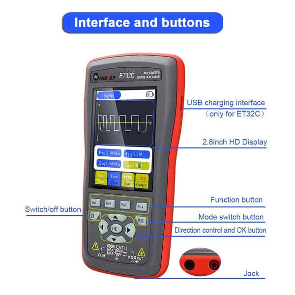 TOOLTOP 2 az 1-ben autós jelgenerátor multiméter, 2,8 hüvelykes színes kijelző, átfogó tekercs mágnesszelep relé vezérlés, kettős üzemmódú kapcsoló, több jelkimenet a pontos járműkarbantartási hangkoordináció érdekében - Típus 2