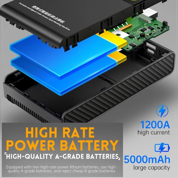 Többfunkciós lítium elemes ponthegesztőgép USB 2.1A funkcióval 0,1-0,25 mm-es nikkelvas acéllemez és 0,3 mm-es alumíniumlemez hegesztéséhez