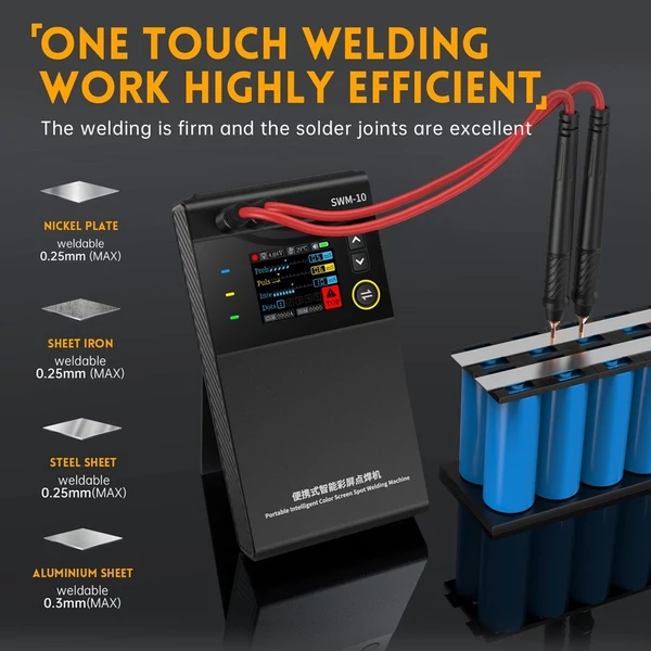 Többfunkciós lítium elemes ponthegesztőgép USB 2.1A funkcióval 0,1-0,25 mm-es nikkelvas acéllemez és 0,3 mm-es alumíniumlemez hegesztéséhez