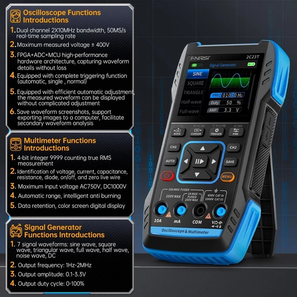 3 az 1-ben kézi oszcilloszkóp, multiméter, jelgenerátor 2,8 hüvelykes IPS kijelzővel 10 MHz sávszélesség 50 MSa/s mintavételi sebesség, kétcsatornás hullámforma mentési és megtekintése funkcióval - Bővített