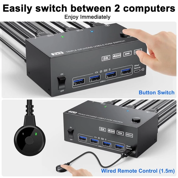 USB 3.0 KVM Switcher Három bemenetes, két kimenetű, kétmonitoros kapcsoló 8K@30Hz 4K@144Hz USB 3.0 Displayport vezetékes távirányítóval és 4 mellékelt kábellel Kompatibilis Mac/Windows/Linux rendszerrel